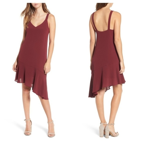 NEW Lush M Asymmetrical Ruffle Hem Sheath Dress Sleeveless in Burgundy Red - Picture 1 of 8